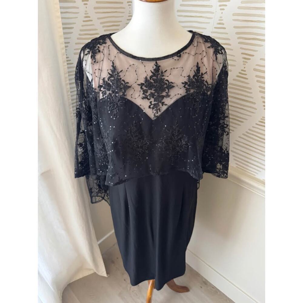 R&M Richards Women’s Size 10 Large Black Embroidered Sheer Caplet Cocktail Dress - Picture 3 of 8